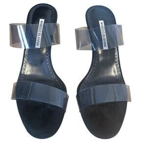 Manolo Blahnik Scolto 90 Clear PVC Strap Mule Heels Black Slide Sandals 38.5 EU